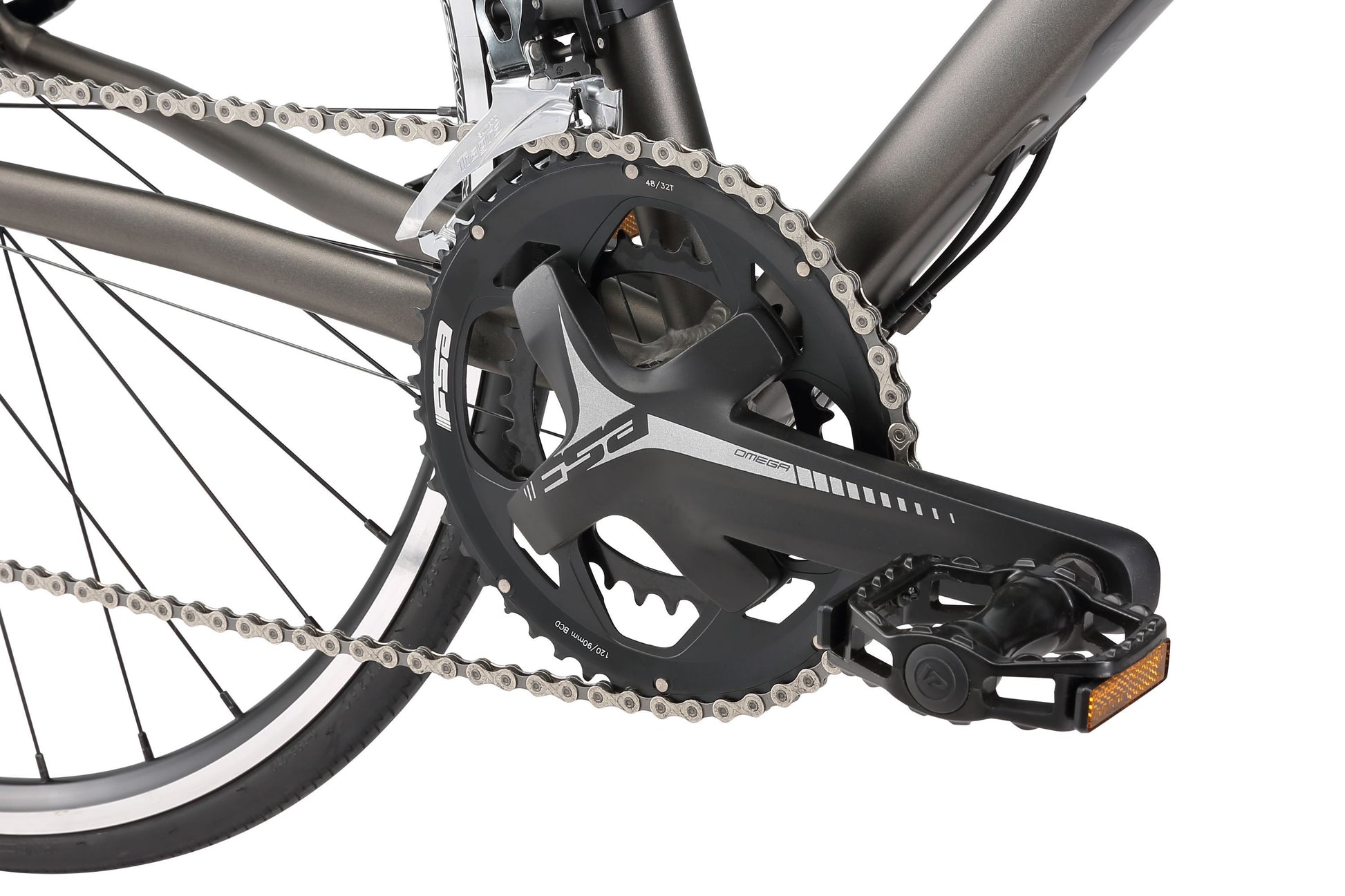 Falco Sport Road Bike in Charcoal showing FSA Omega drivetrain and pedal from Reid Cycles Australia