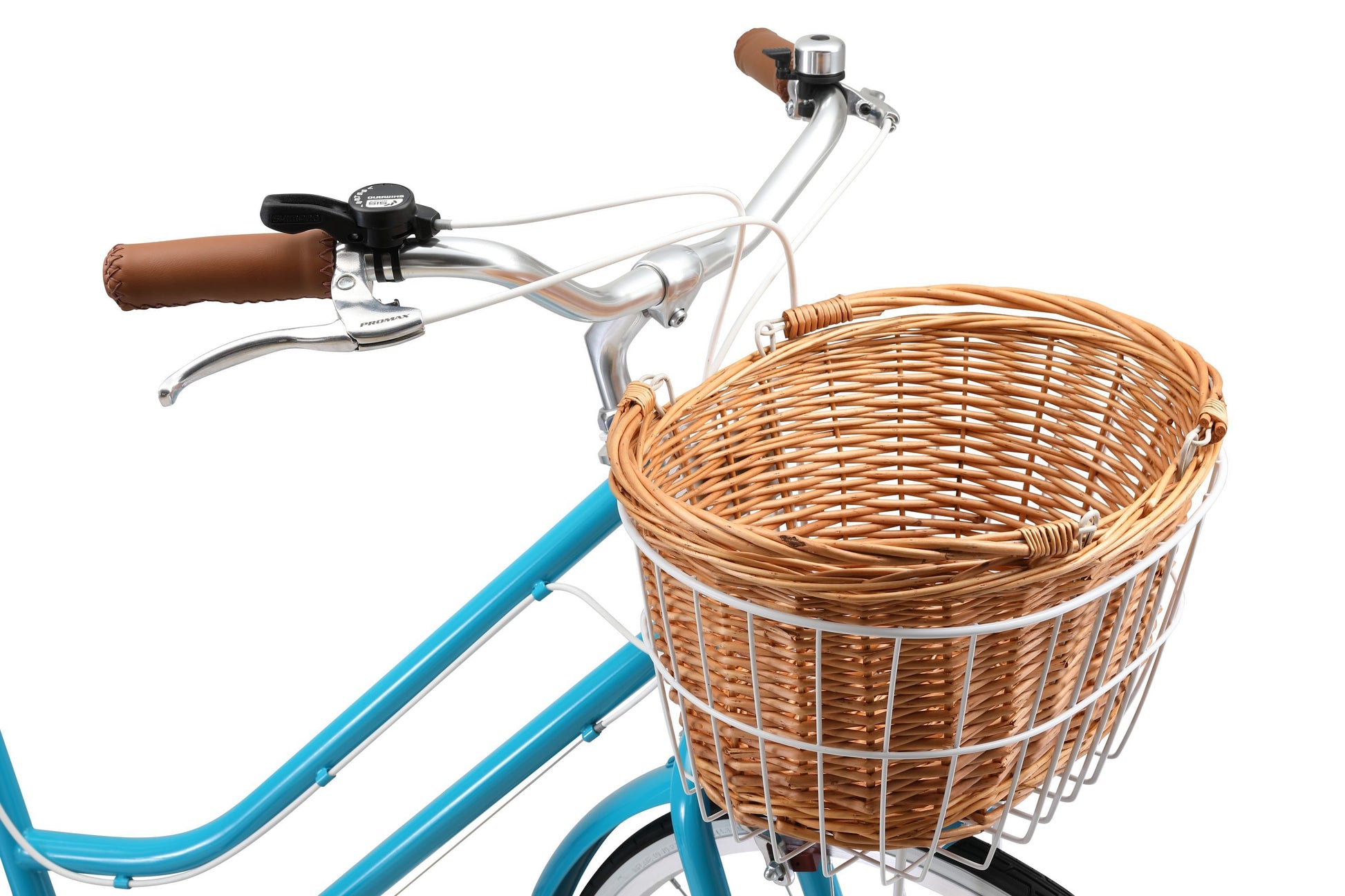Ladies Classic Plus Vintage Bike in aqua showing front basket and vintage style handlebars from Reid Cycles Australia