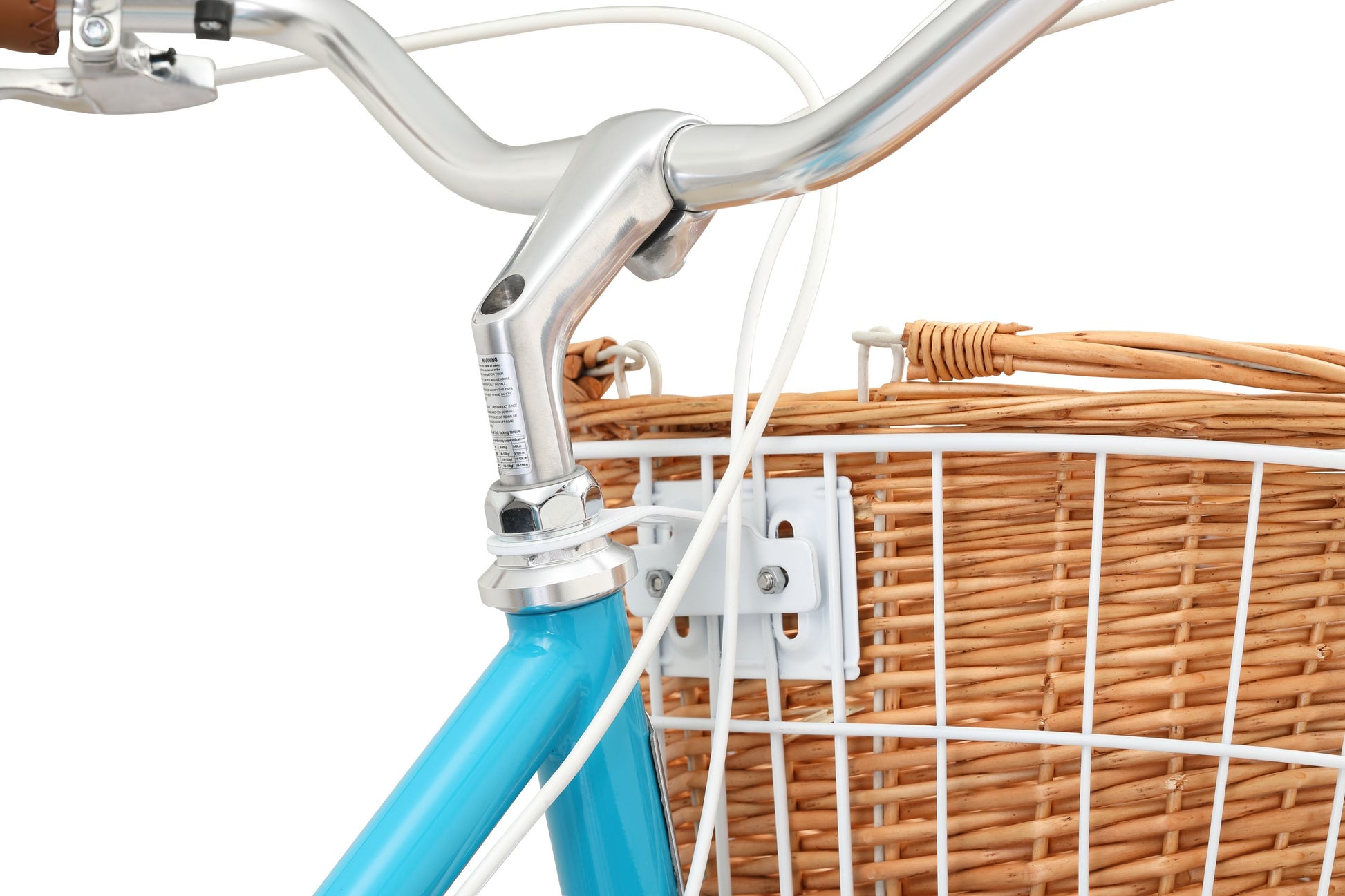 Ladies Classic Plus Vintage Bike in aqua showing metal white basket with wicker basket on inside from Reid Cycles Australia
