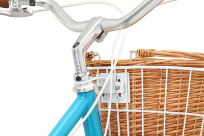 Ladies Classic Plus Vintage Bike in aqua showing metal white basket with wicker basket on inside from Reid Cycles Australia