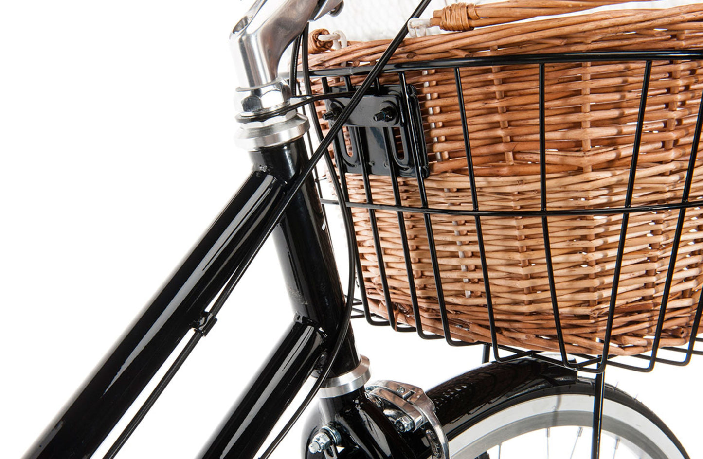Ladies Classic Plus Vintage Bike in Black showing metal black basket with wicker basket on inside from Reid Cycles Australia