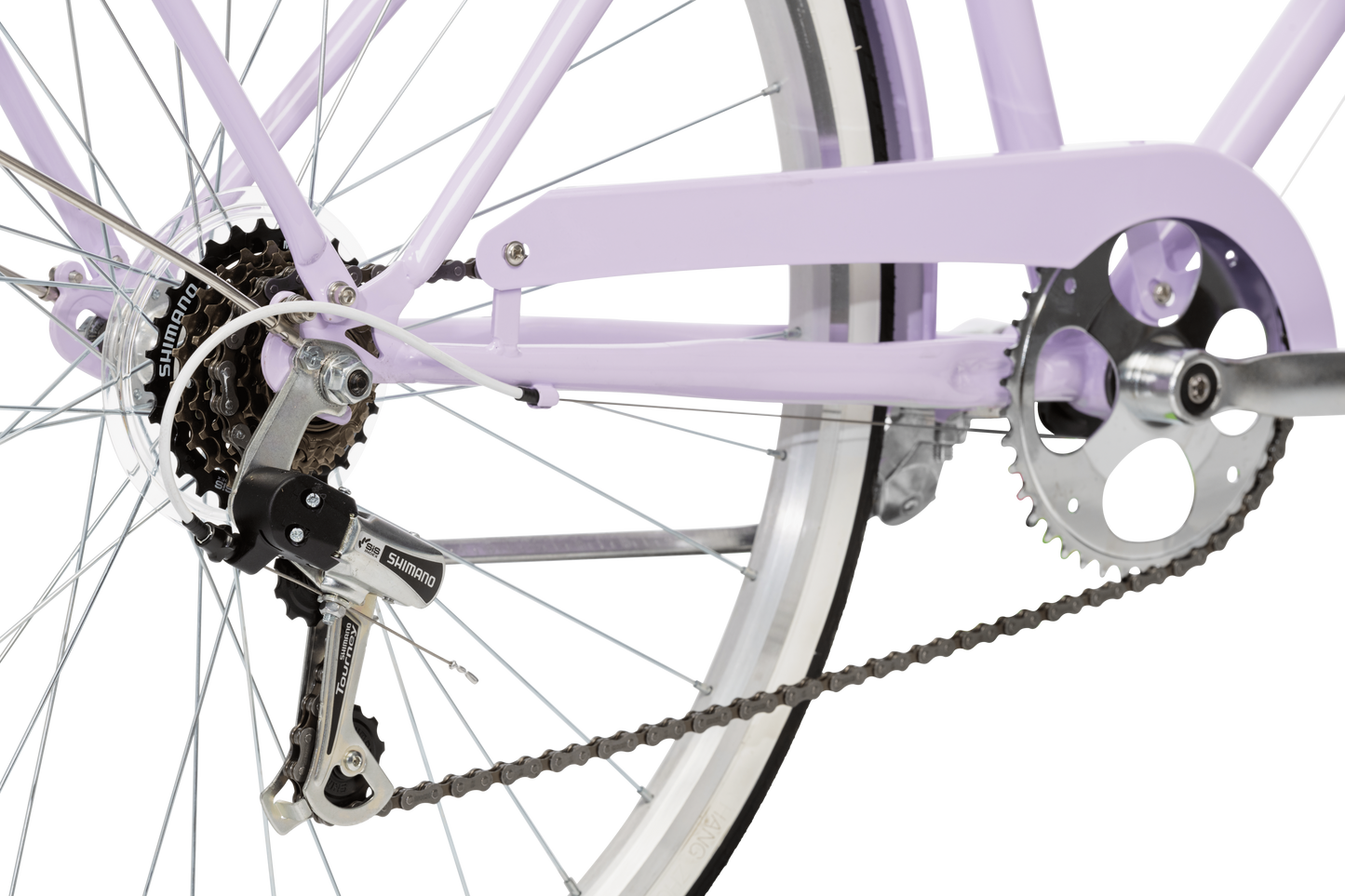 Ladies Classic Plus Vintage Bike in Lavender showing Shimano 7-speed rear derailleur from Reid Cycles Australia