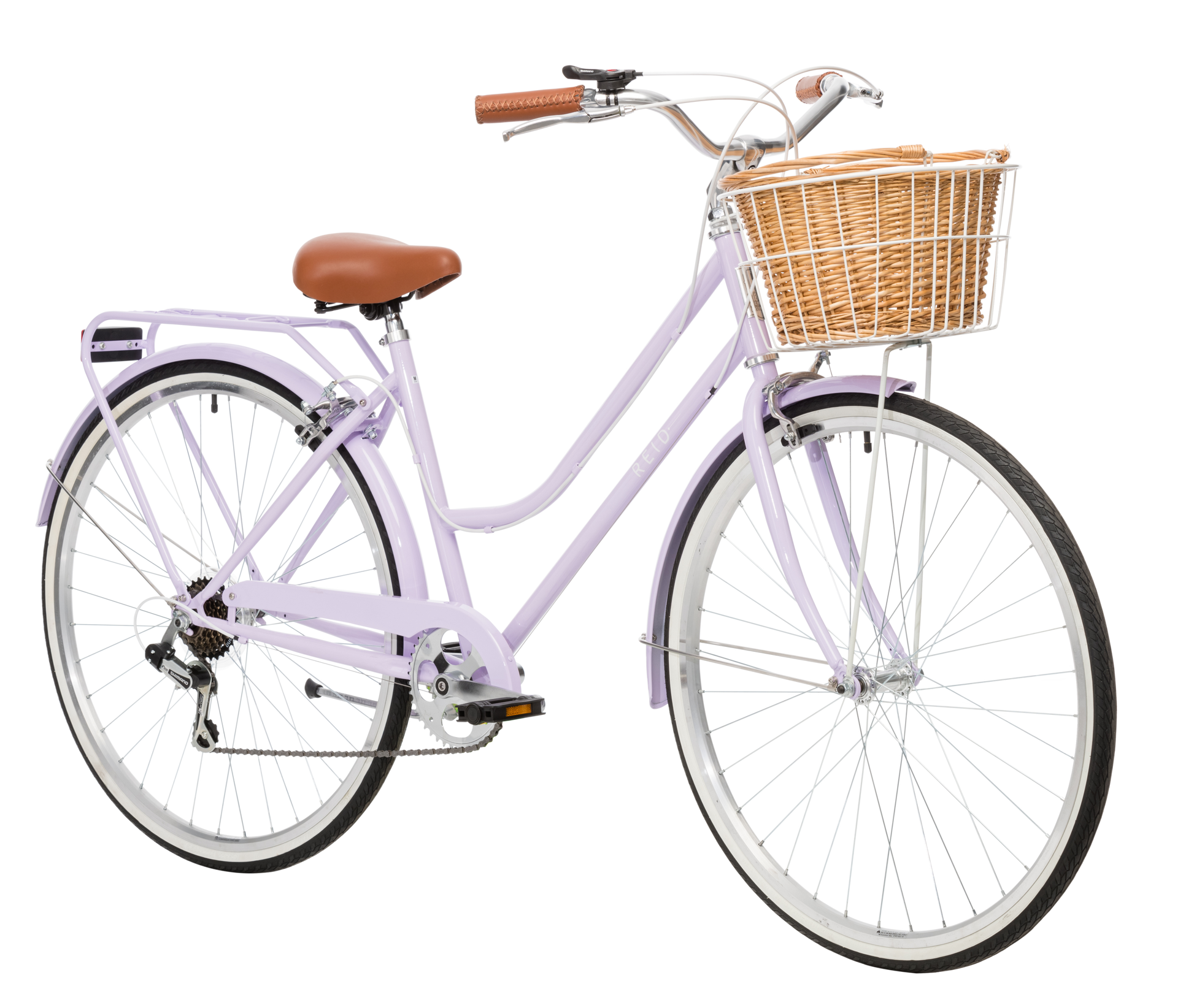 Ladies Classic Plus Vintage Bike in Lavender on front angle featuring front wicker basket from Reid Cycles Australia