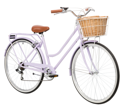 Ladies Classic Plus Vintage Bike in Lavender on front angle featuring front wicker basket from Reid Cycles Australia