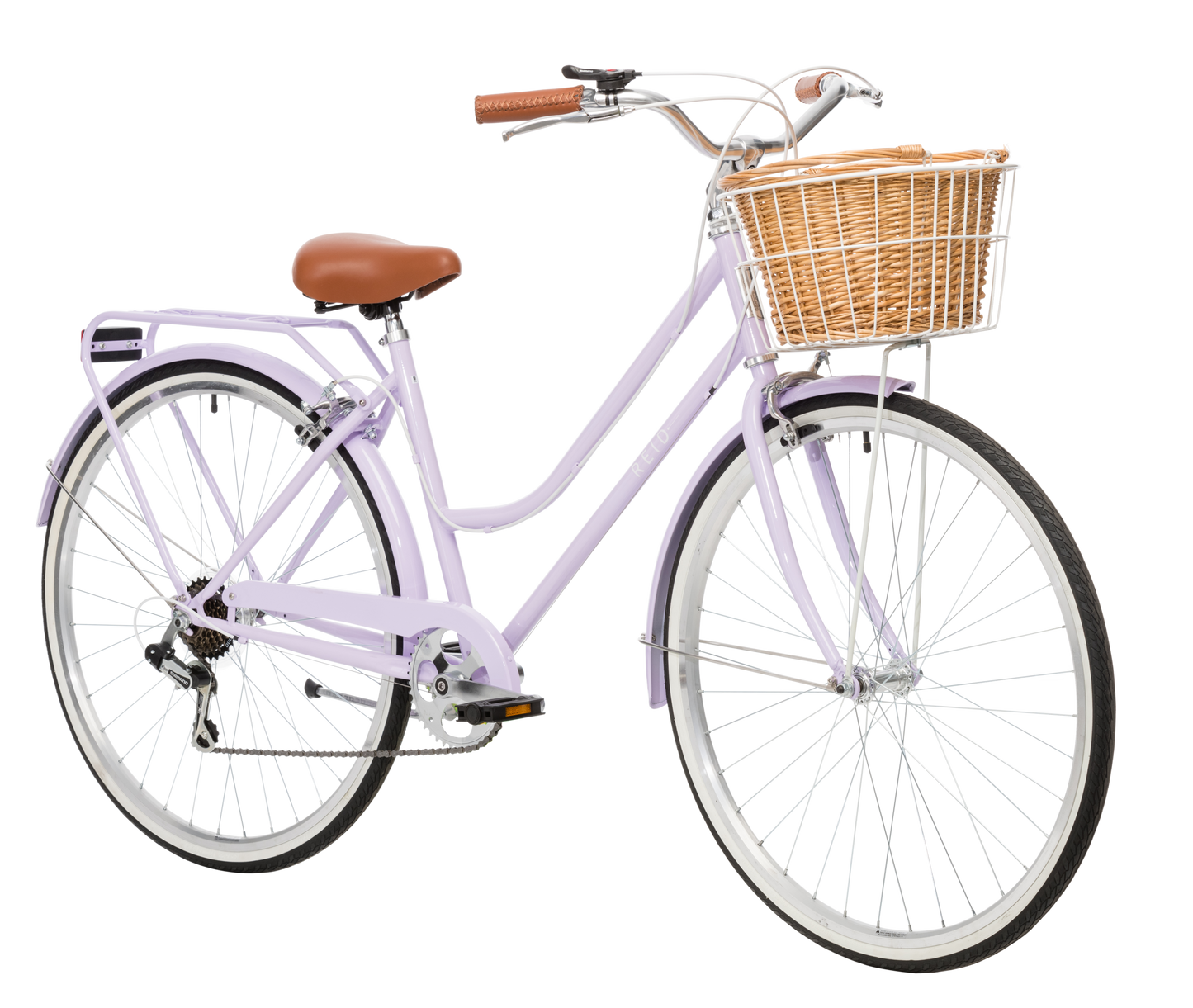 Ladies Classic Plus Vintage Bike in Lavender on front angle featuring front wicker basket from Reid Cycles Australia