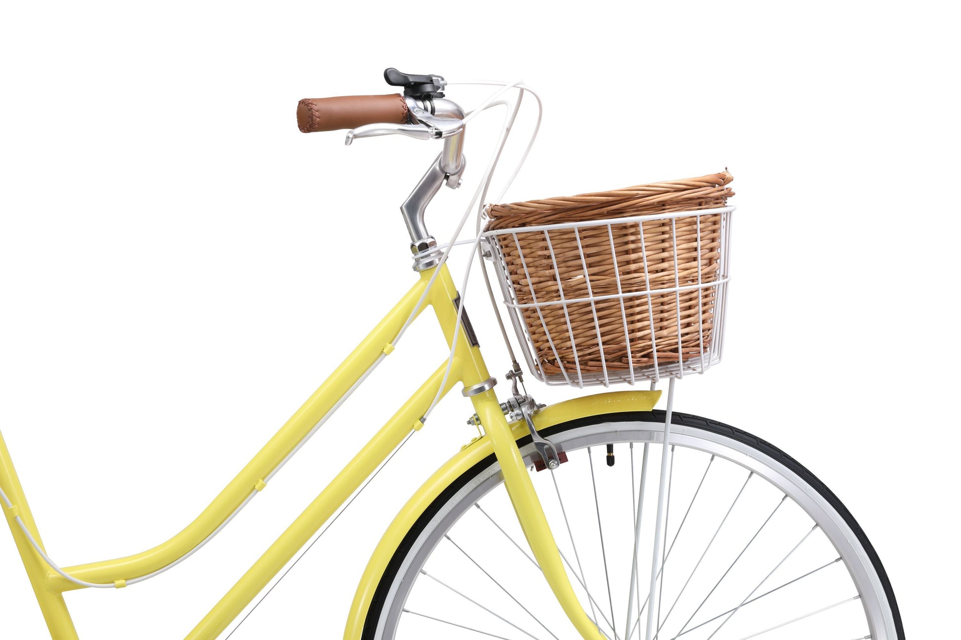 Ladies Classic Plus Vintage Bike in Lemon on front angle featuring front wicker basket from Reid Cycles Australia