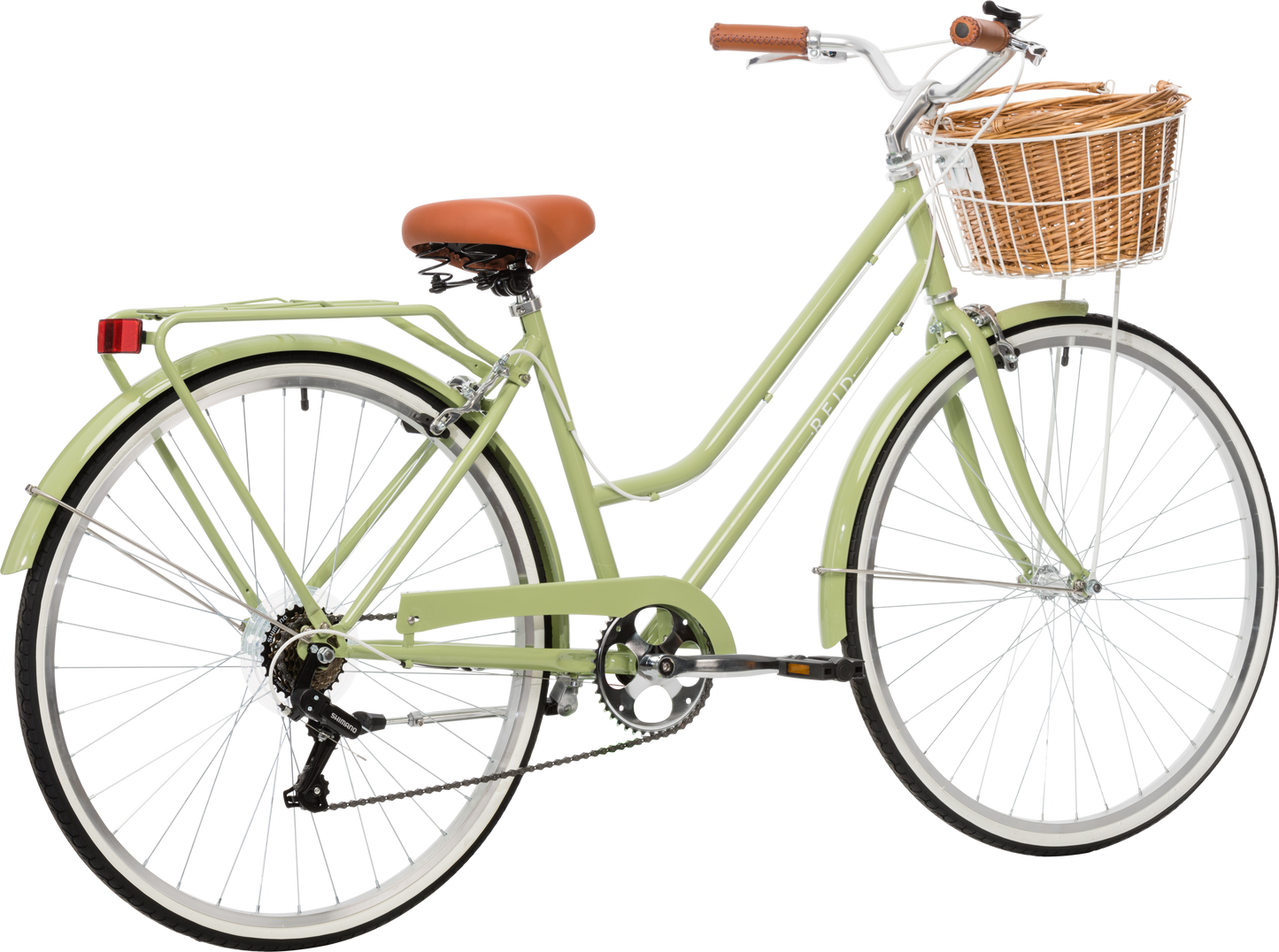 Ladies Classic Plus Vintage Bike in Light Olive on rear angle featuring rear pannier rack from Reid Cycles Australia
