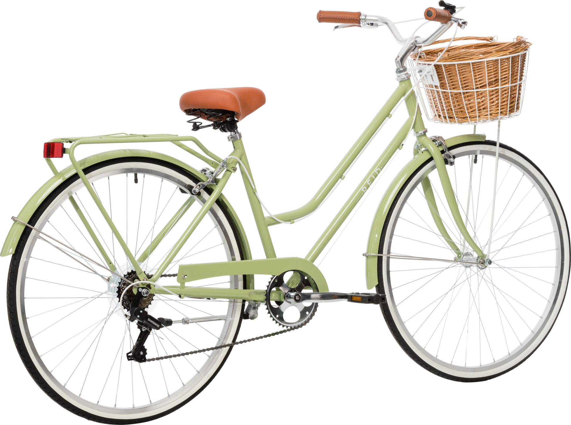 Ladies Classic Plus Vintage Bike in Light Olive on rear angle featuring rear pannier rack from Reid Cycles Australia