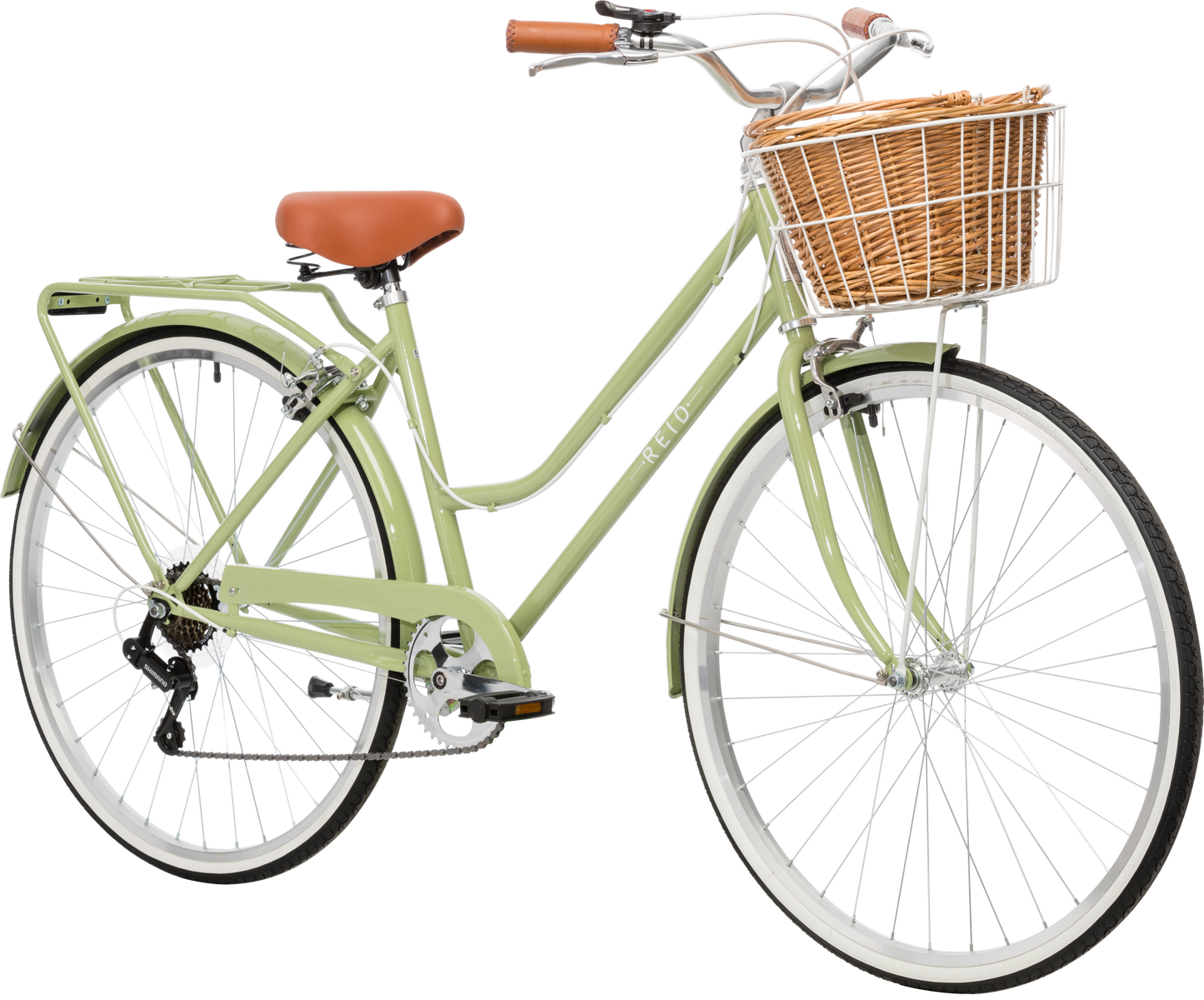 Ladies Classic Plus Vintage Bike in Light Olive on front angle featuring front wicker basket from Reid Cycles Australia