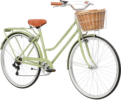 Ladies Classic Plus Vintage Bike in Light Olive on front angle featuring front wicker basket from Reid Cycles Australia