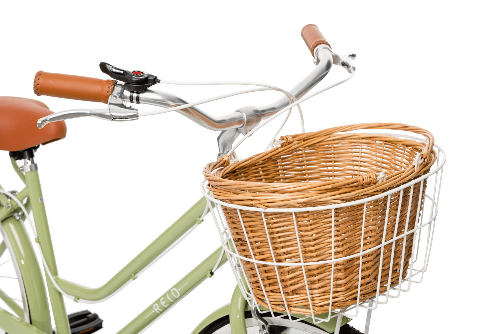 Ladies Classic Plus Vintage Bike in Light Olive showing front basket from Reid Cycles Australia