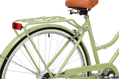 Ladies Classic Plus Vintage Bike in Light Olive featuring rear pannier rack and red reflector from Reid Cycles Australia