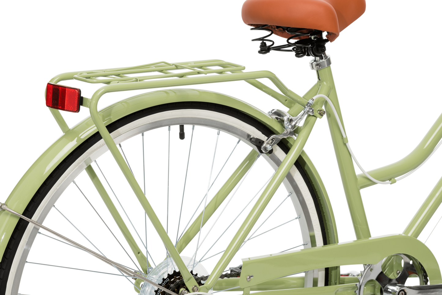 Ladies Classic Plus Vintage Bike in Light Olive featuring rear pannier rack and red reflector from Reid Cycles Australia