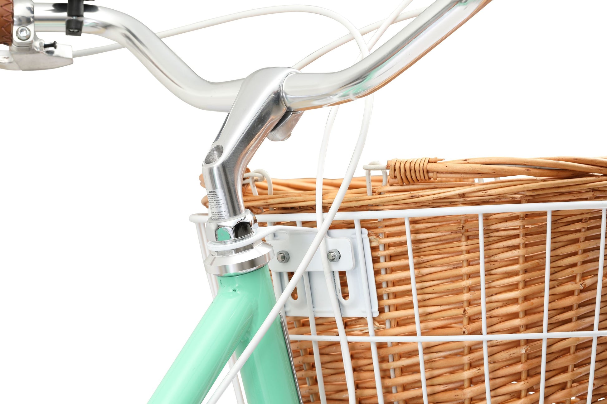 Ladies Classic Plus Vintage Bike in Mint Green showing metal white basket with wicker basket on inside from Reid Cycles Australia