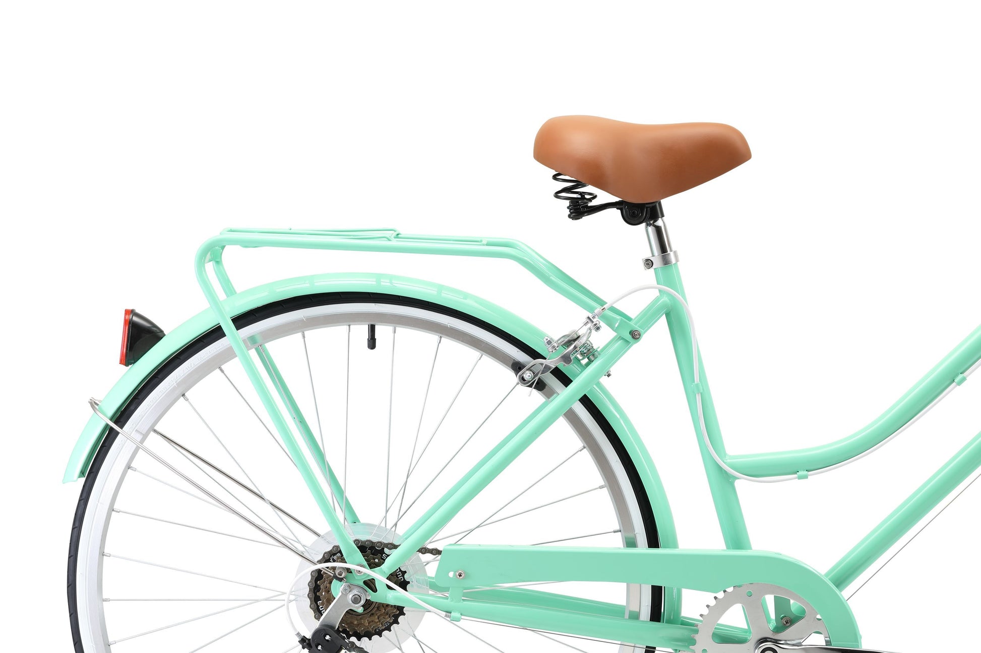 Ladies Classic Plus Vintage Bike in Mint Green showing rear pannier rack and comfortable saddle from Reid Cycles Australia