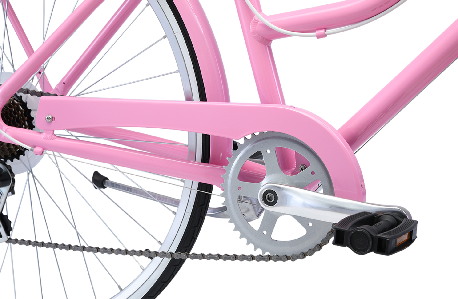 Ladies Classic Plus Vintage Bike in Pink showing pedal and drivetrain from Reid Cycles Australia