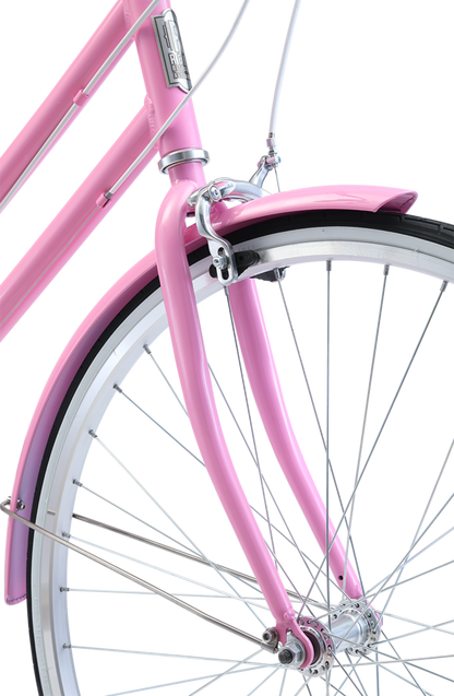 Ladies Classic Plus Vintage Bike in Pink showing front mudguard and white-walled tyres from reid cycles australia