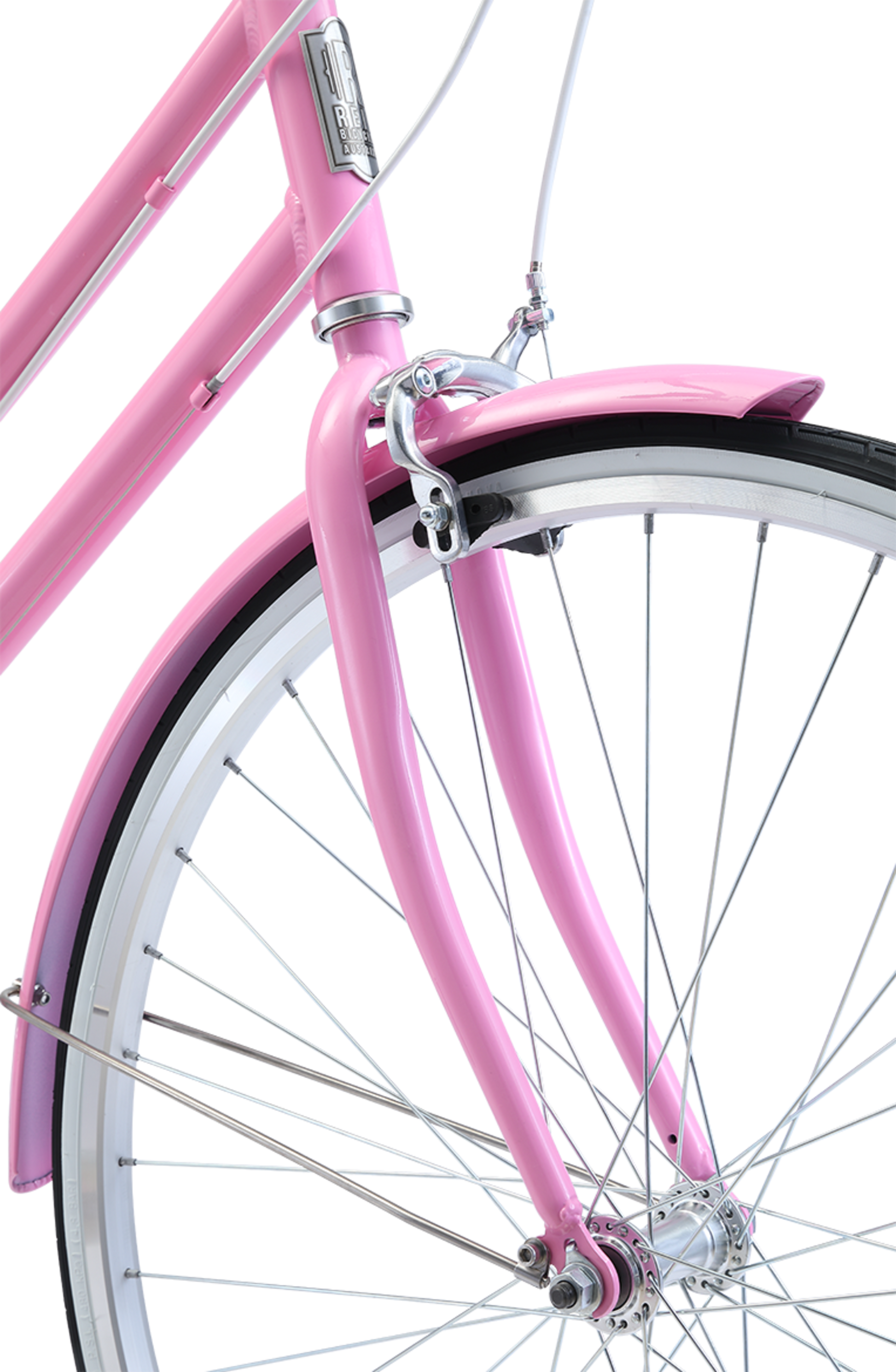 Ladies Classic Plus Vintage Bike in Pink showing front mudguard and white-walled tyres from reid cycles australia