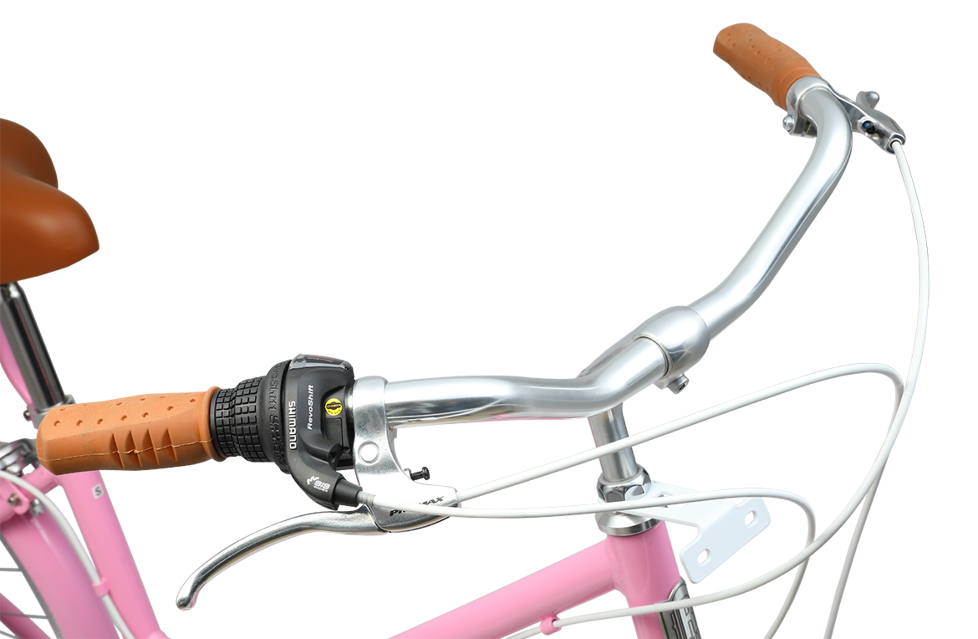 Ladies Classic Plus Vintage Bike in Pink showing vintage style handlebars and brown leather style grips from Reid Cycles
