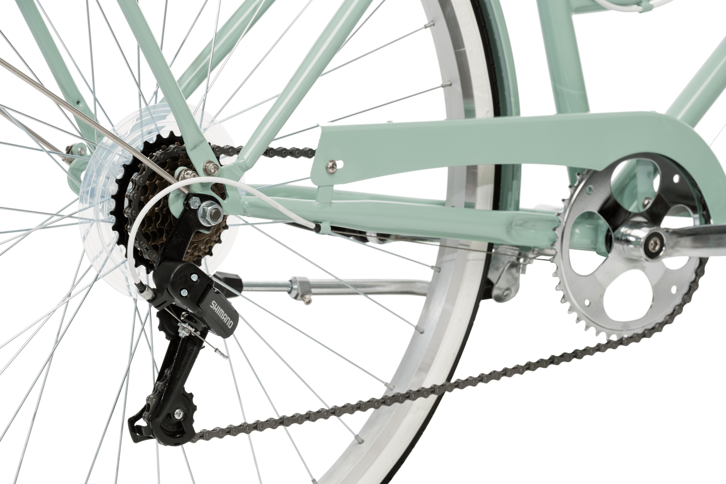 Ladies Classic Plus Vintage Bike in sage showing Shimano 7-speed rear derailleur from Reid Cycles Australia