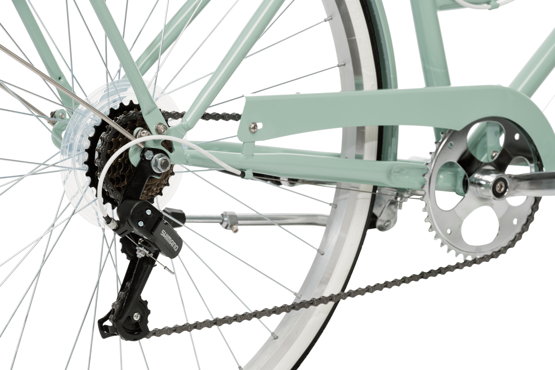 Ladies Classic Plus Vintage Bike in sage showing Shimano 7-speed rear derailleur from Reid Cycles Australia