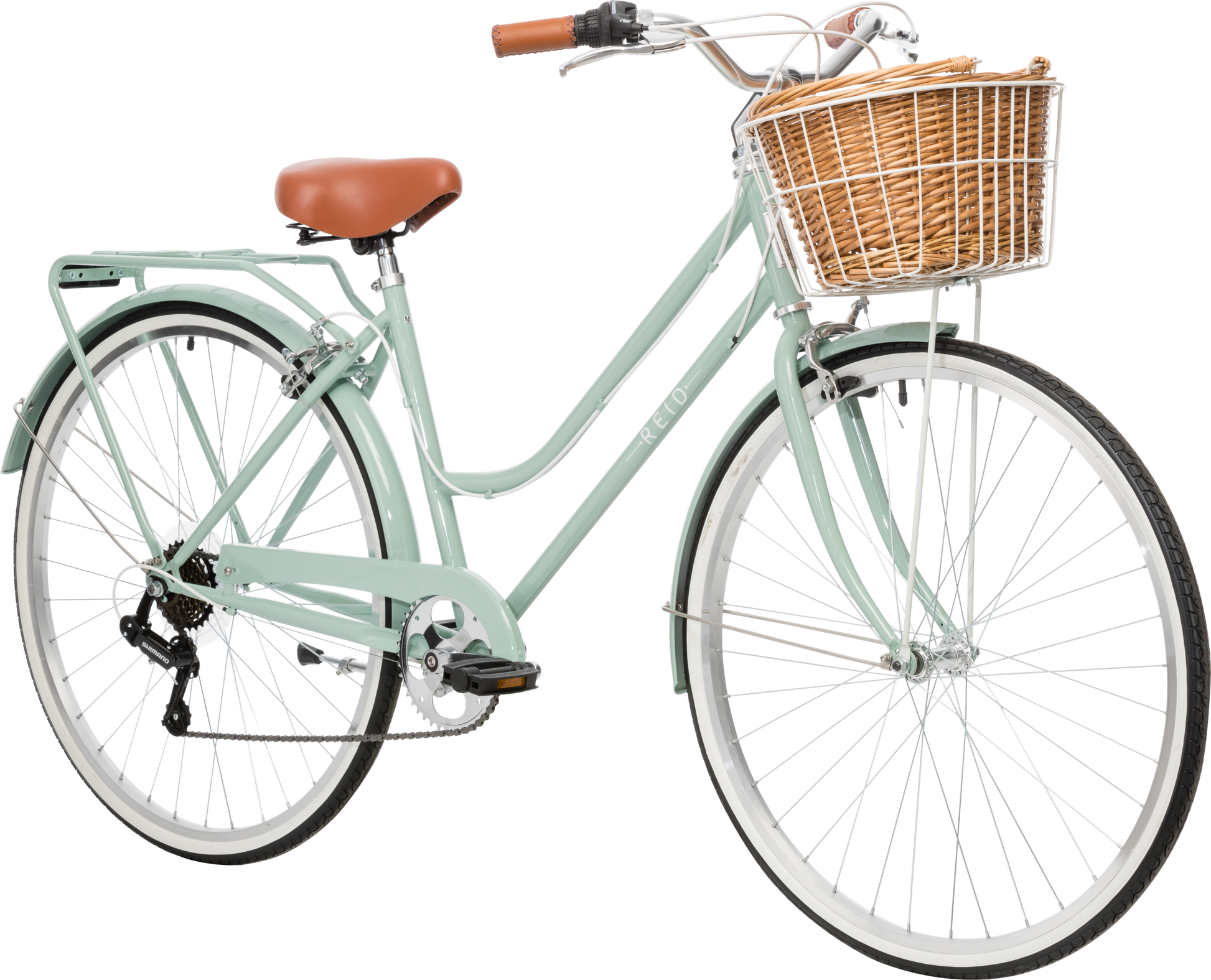 Ladies Classic Plus Vintage Bike in white on front angle featuring front wicker basket from Reid Cycles Australia