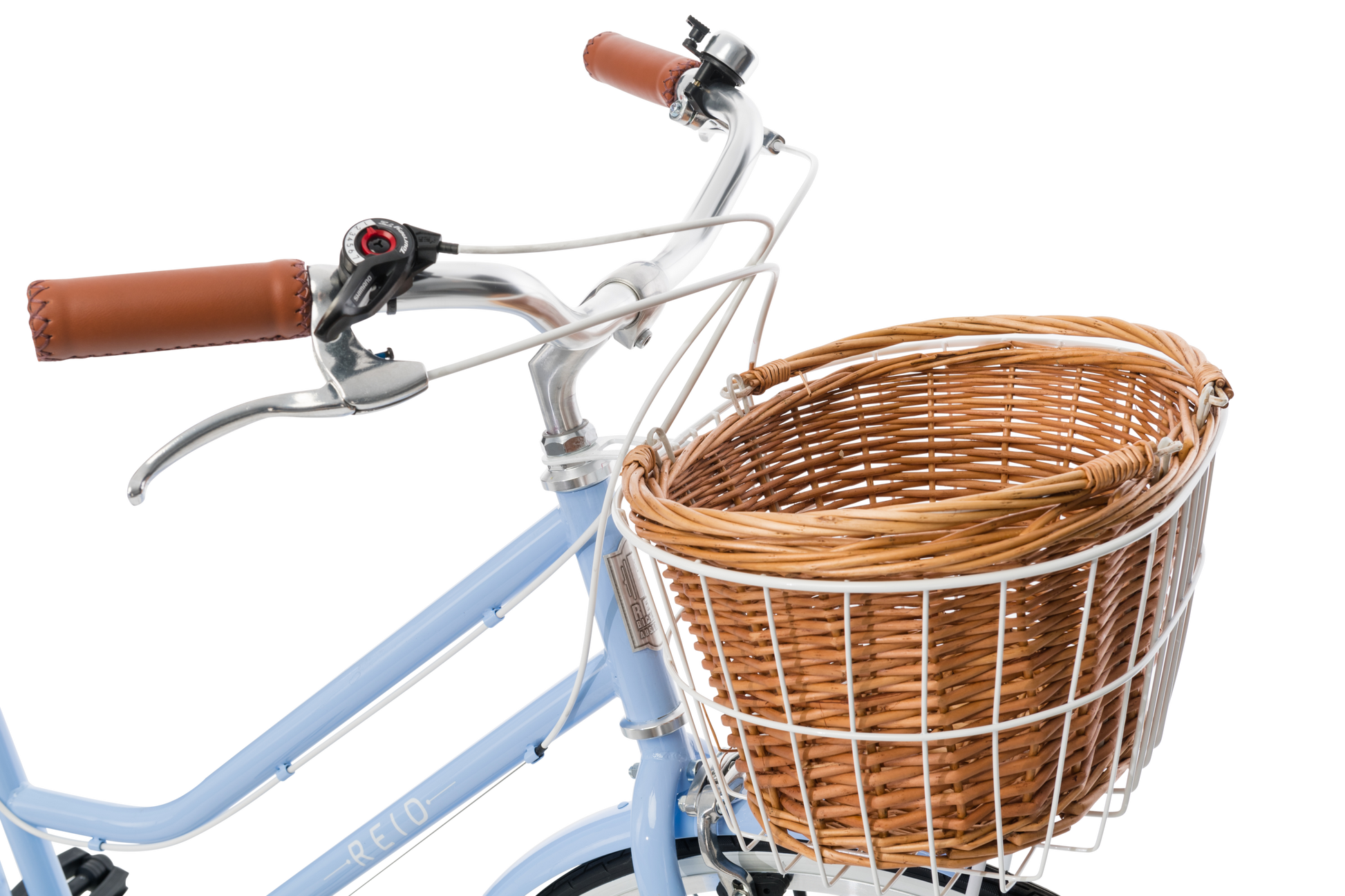 Ladies Classic Plus Vintage Bike in Sky Blue showing handlebars and front wicker basket from Reid Cycles