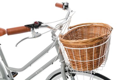 Ladies Classic Plus Vintage Bike in Smoke Grey showing handlebars and front wicker basket from Reid Cycles
