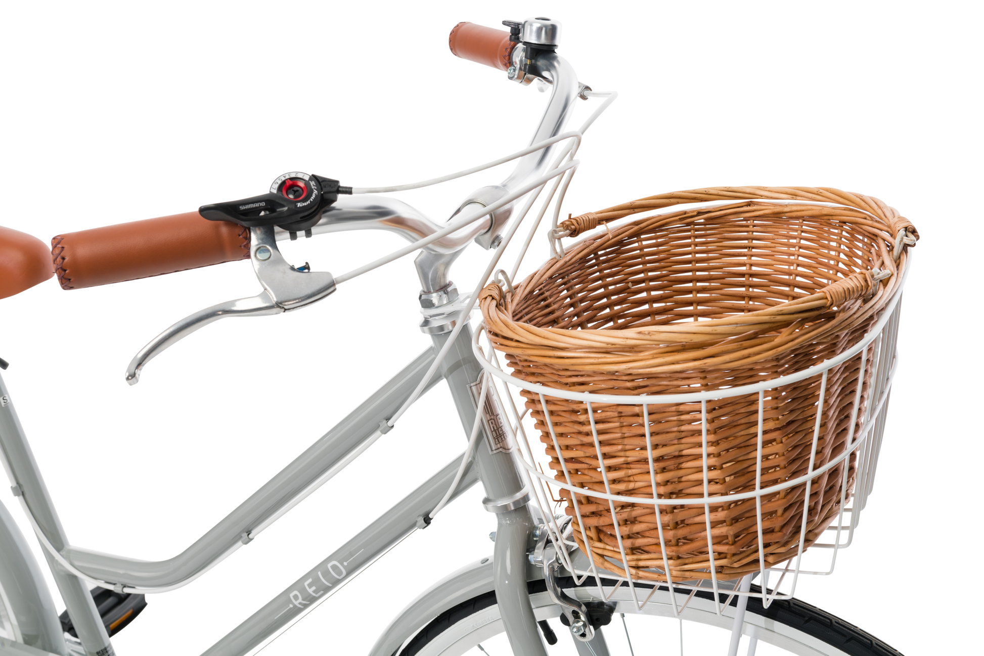 Ladies Classic Plus Vintage Bike in Smoke Grey showing handlebars and front wicker basket from Reid Cycles