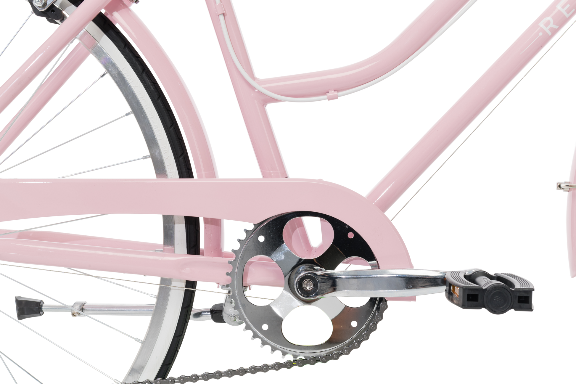 Ladies Classic Plus Vintage Bike in Soft Pink showing pedals and drivetrain from Reid Cycles Australia