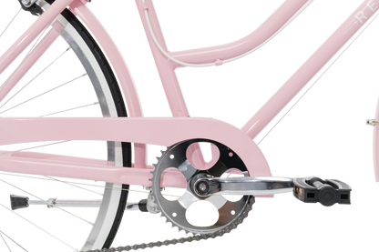 Ladies Classic Plus Vintage Bike in Soft Pink showing pedals and drivetrain from Reid Cycles Australia