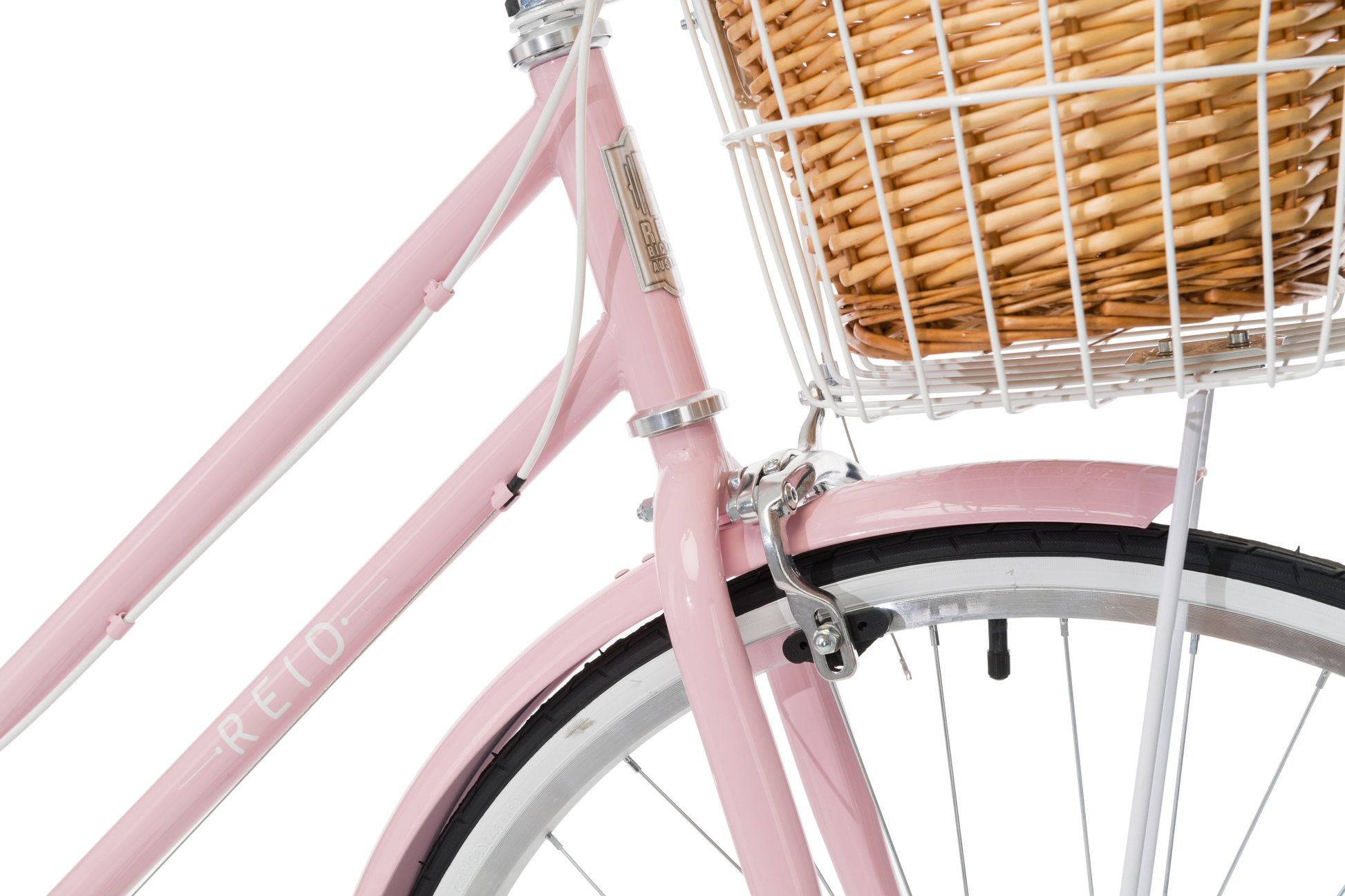 Ladies Classic Plus Vintage Bike in Soft Pink showing front Dual-Pivot Caliper Brakes from Reid Cycles