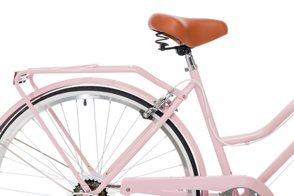 Ladies Classic Plus Vintage Bike in Soft Pink showing comfy saddle and pannier rack from Reid Cycles
