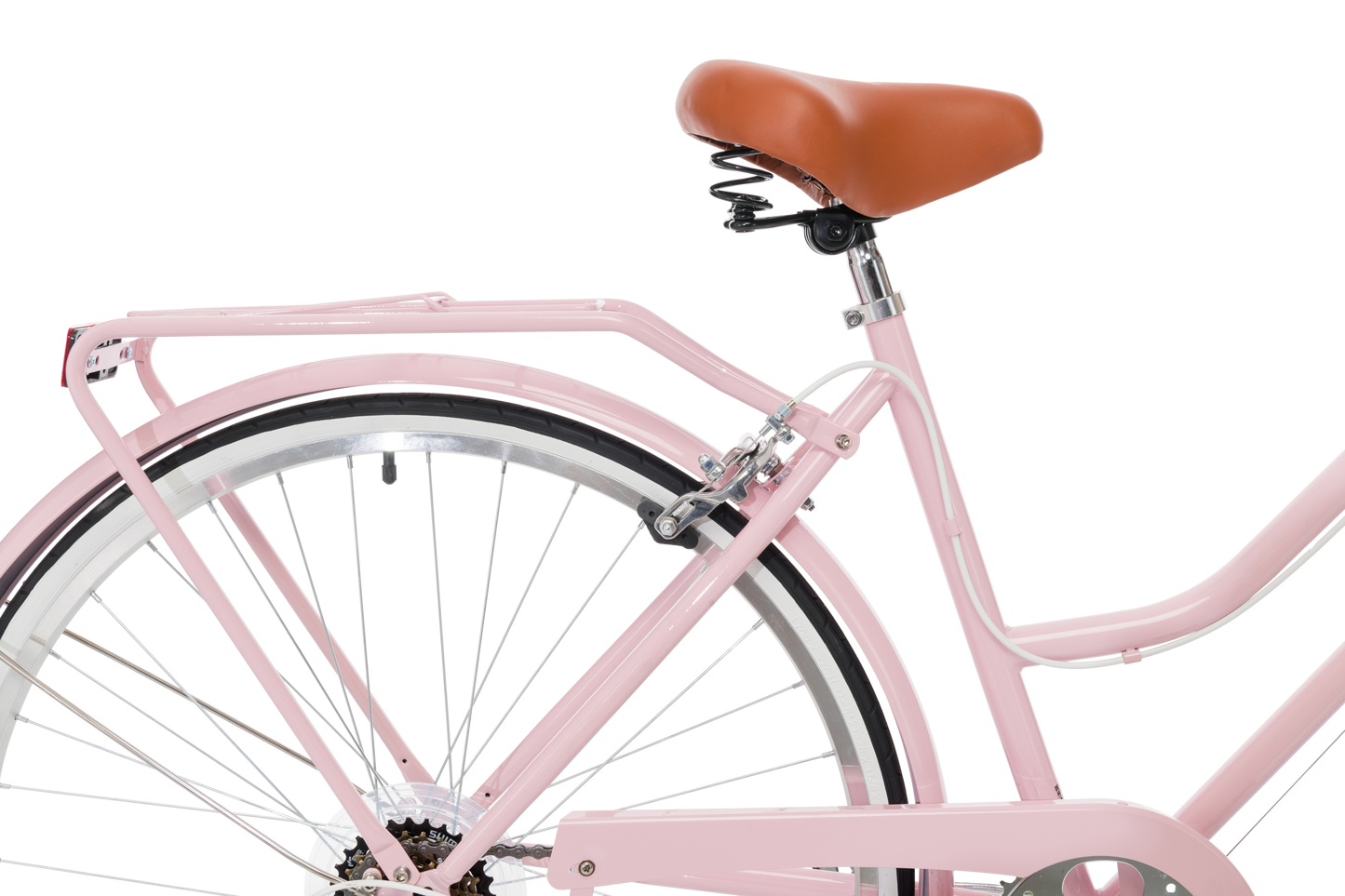 Ladies Classic Plus Vintage Bike in Soft Pink showing comfy saddle and pannier rack from Reid Cycles