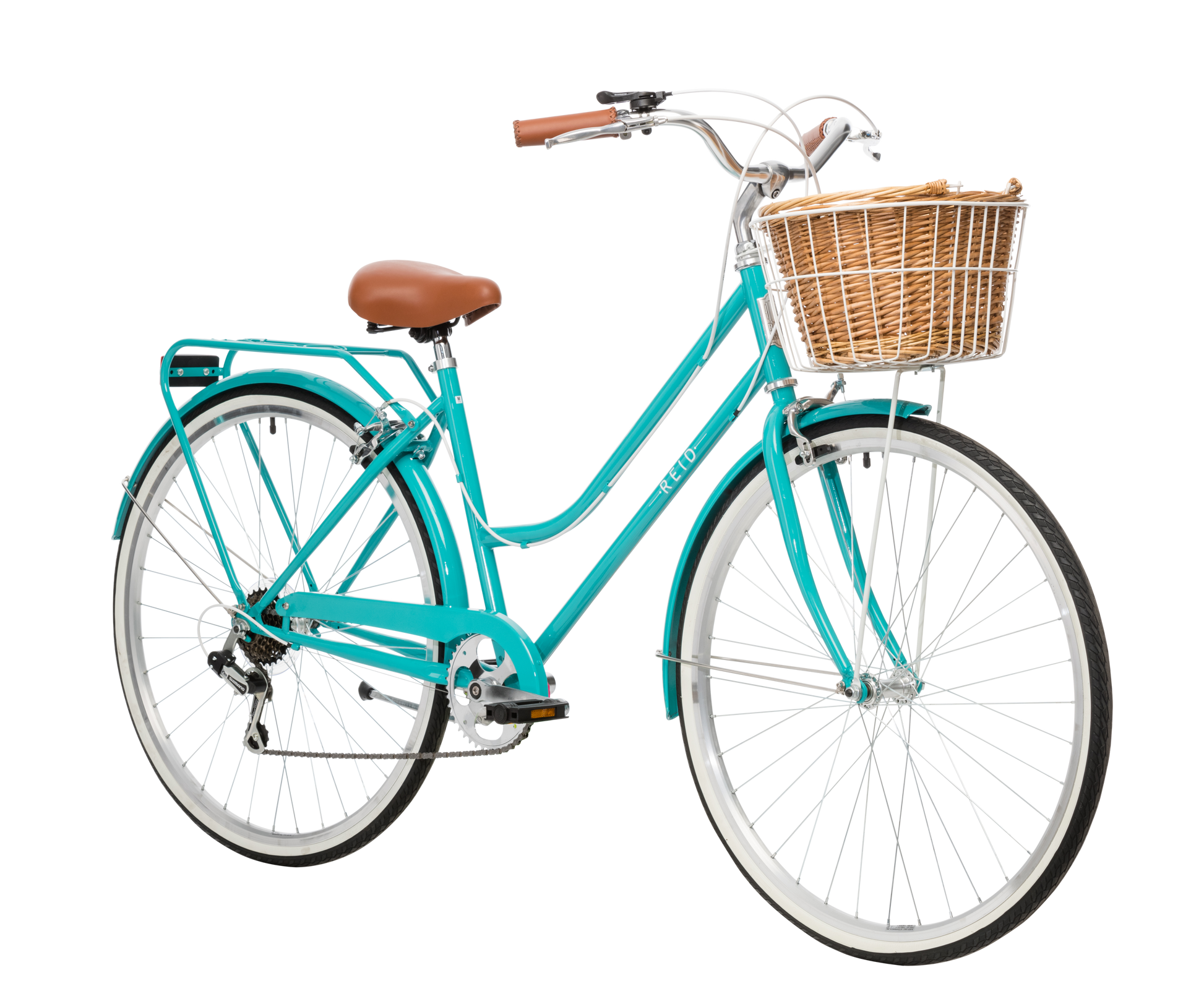Ladies Classic Plus Vintage Bike in Turquoise on front angle featuring front wicker basket from Reid Cycles Australia