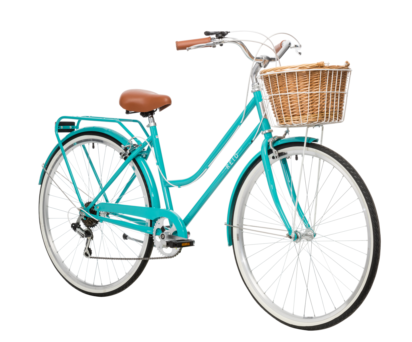 Ladies Classic Plus Vintage Bike in Turquoise on front angle featuring front wicker basket from Reid Cycles Australia