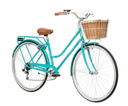 Ladies Classic Plus Vintage Bike in Turquoise on front angle featuring front wicker basket from Reid Cycles Australia