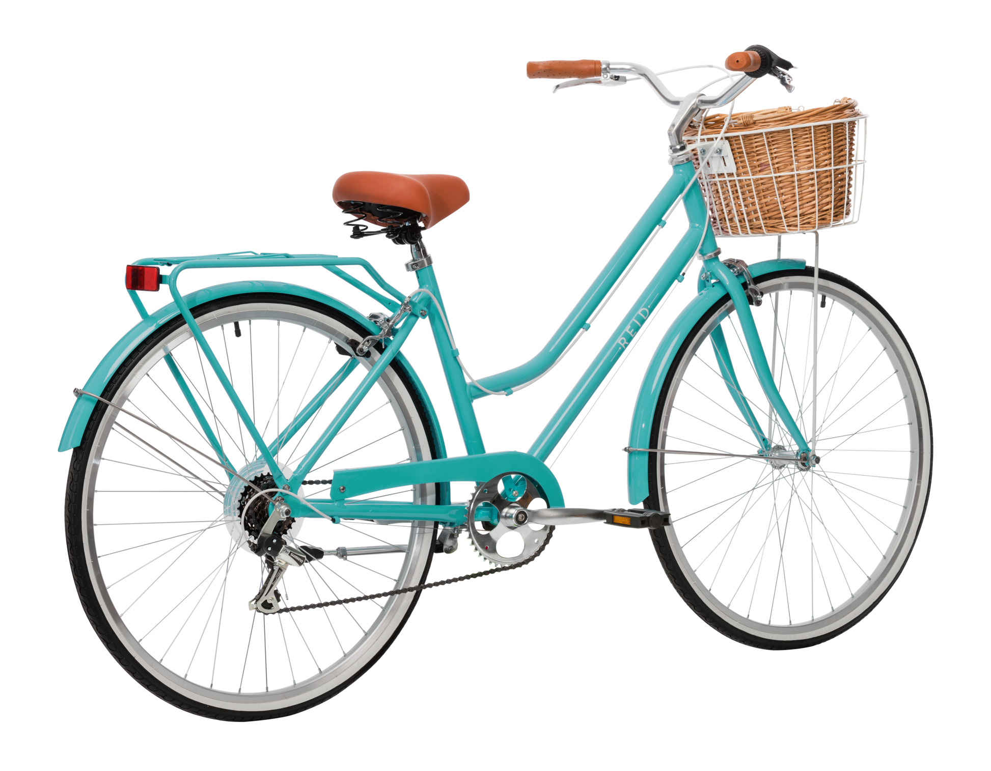 Ladies Classic Plus Vintage Bike in Turquoise on rear angle featuring rear pannier rack from Reid Cycles Australia