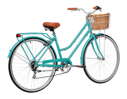 Ladies Classic Plus Vintage Bike in Turquoise on rear angle featuring rear pannier rack from Reid Cycles Australia