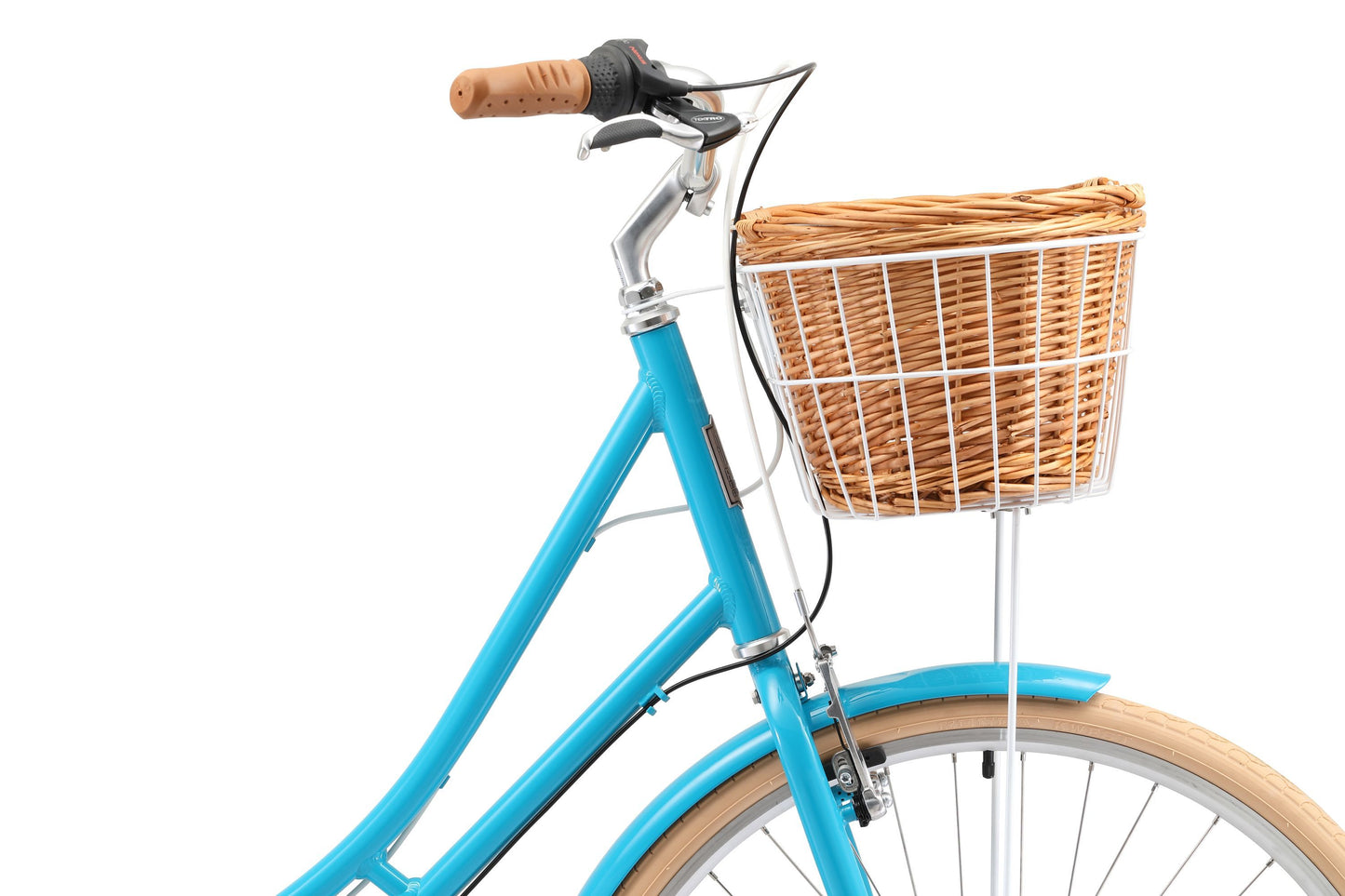 Ladies Deluxe Vintage Bike in Aqua showing front basket from Reid Cycles Australia