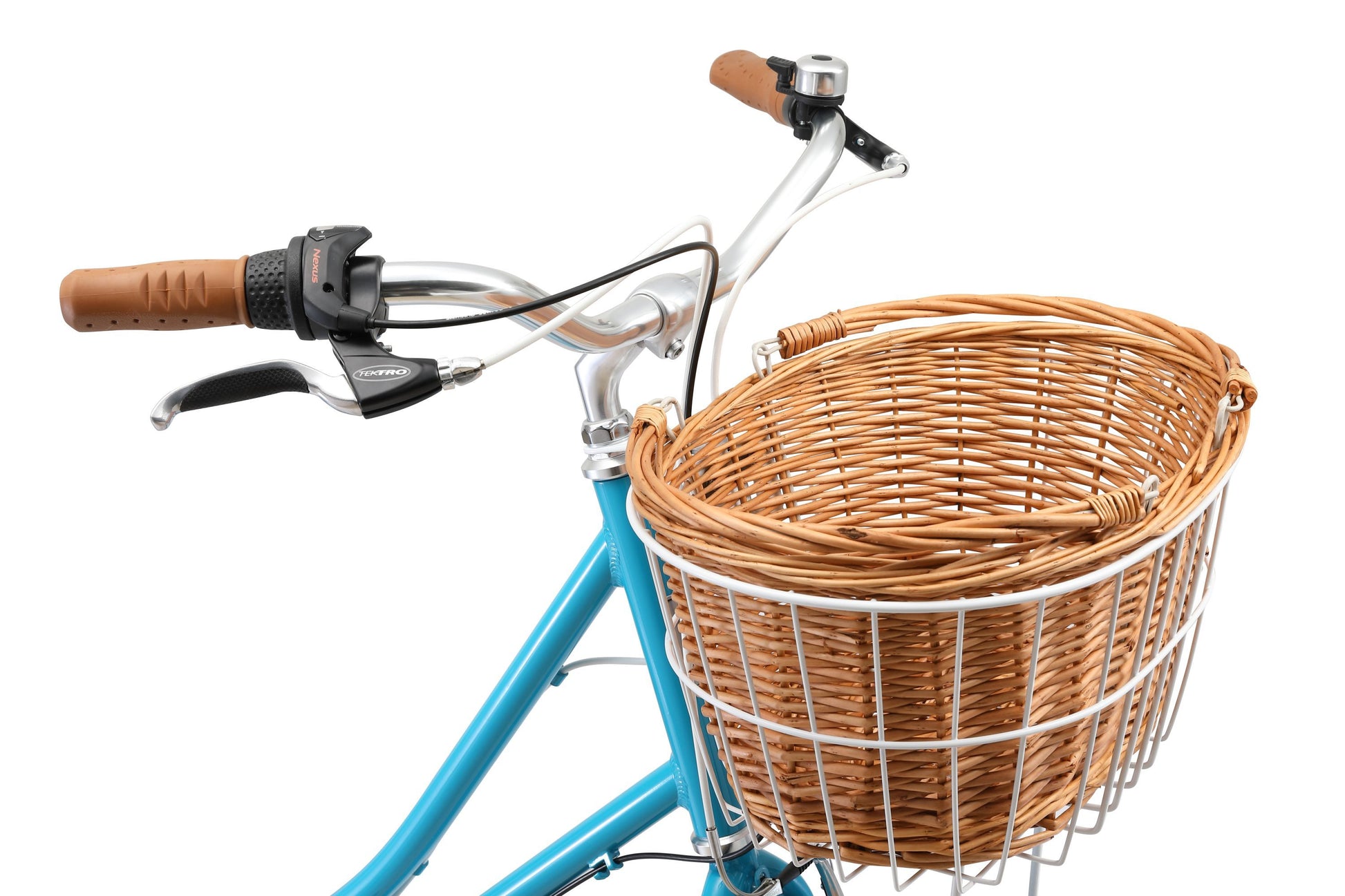 Ladies Deluxe Vintage Bike in Aqua showing front wicker basket from Reid Cycles Australia