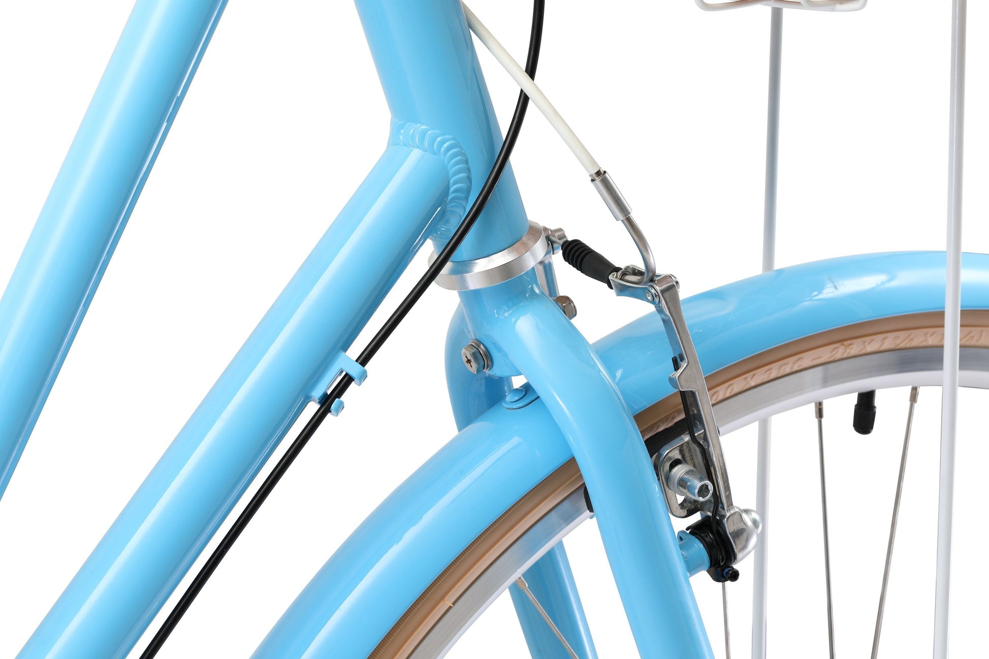 Ladies Deluxe Vintage Bike in Baby Blue showing front Tektro V-brakes from Reid Cycles Australia