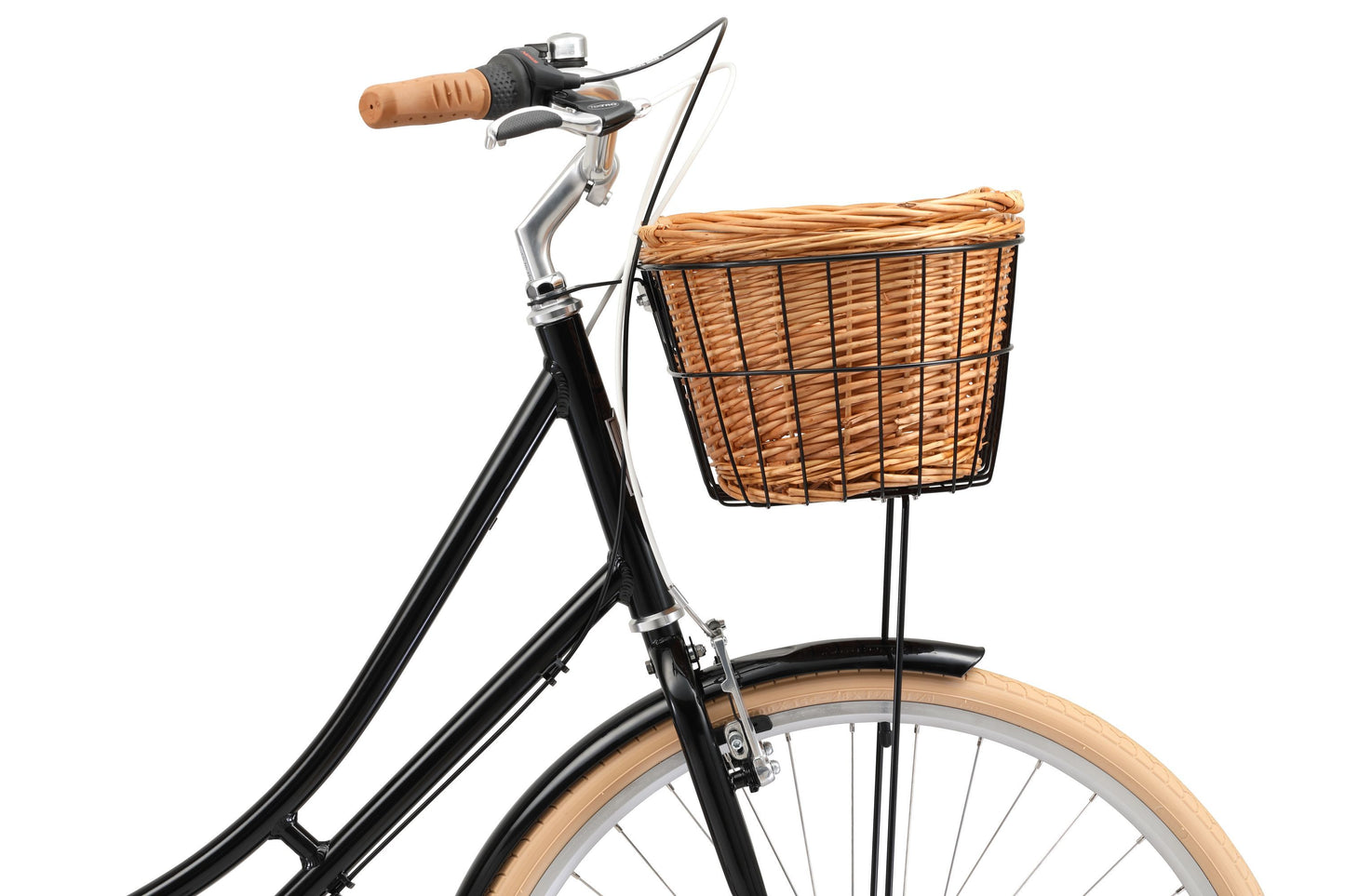 Ladies Deluxe Vintage Bike in Black showing front wicker basket from Reid Cycles Australia