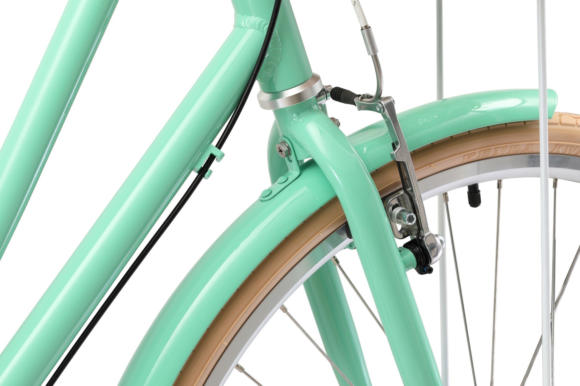 Ladies Deluxe Vintage Bike in Mint Green showing Tektro front V-brakes from Reid Cycles Australia