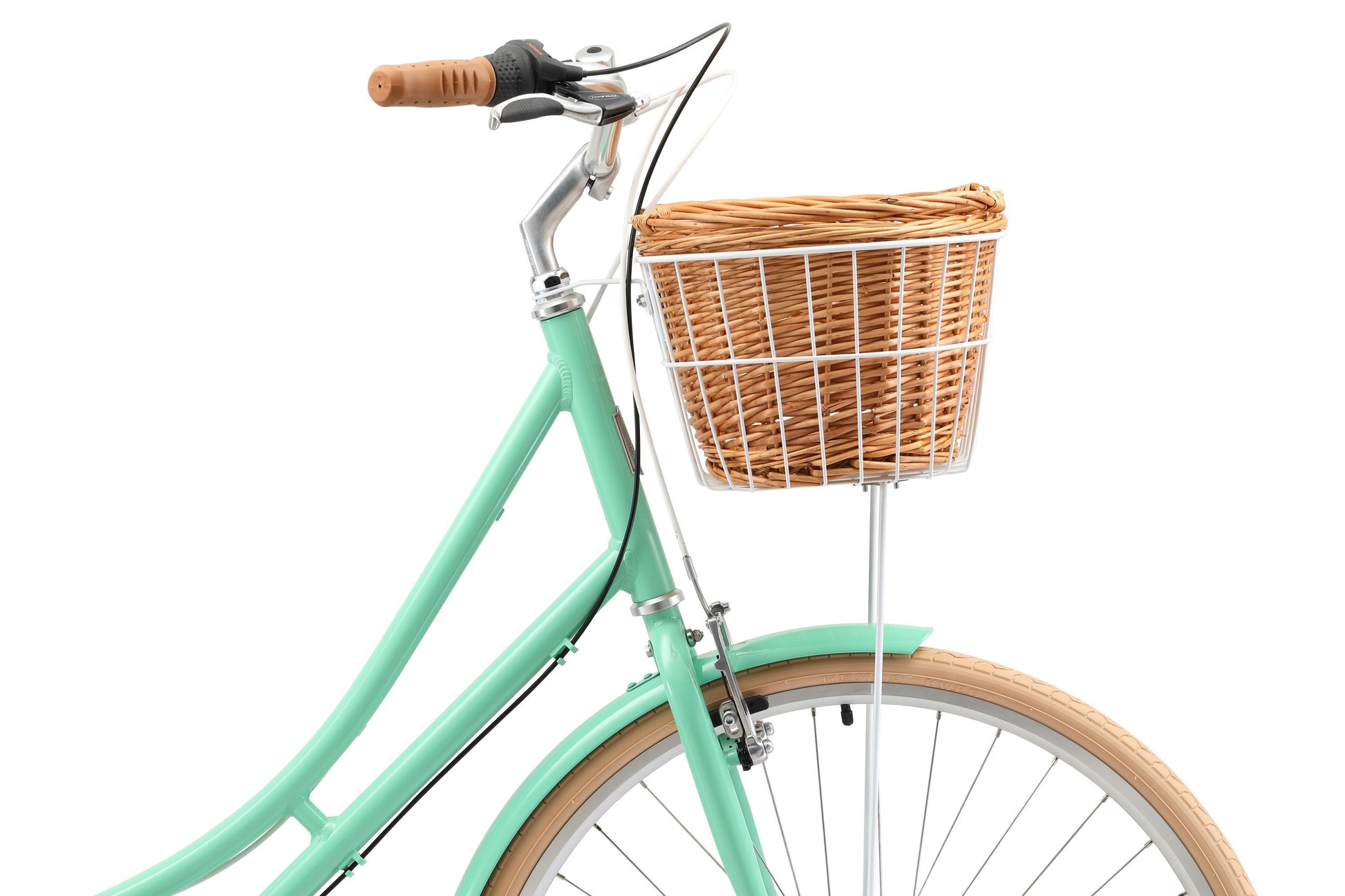 Ladies Deluxe Vintage Bike in Mint Green showing Shimano shifters and Tektro brake levers from Reid Cycles Australia