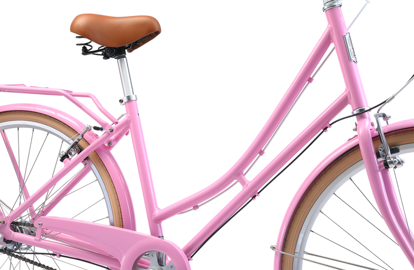 Ladies Deluxe Vintage Bike in Pink showing compfy saddle and pannier rack from Reid Cycles Australia