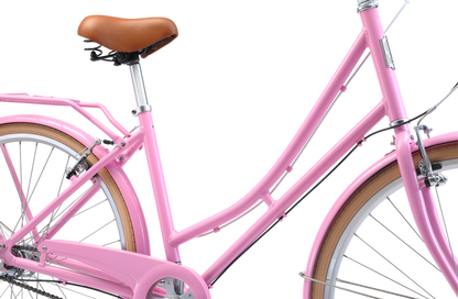 Ladies Deluxe Vintage Bike in Pink showing compfy saddle and pannier rack from Reid Cycles Australia