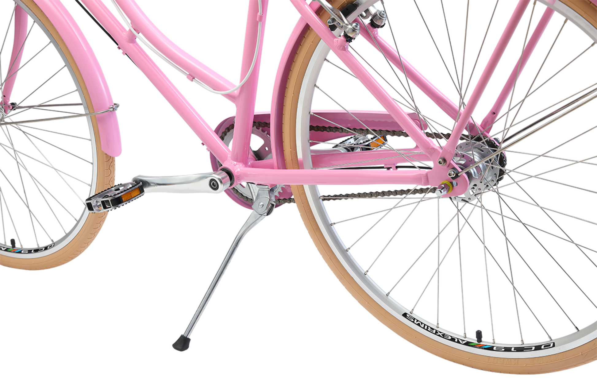 Ladies Deluxe Vintage bike in Pink showing alloy kick stand from Reid Cycles Australia
