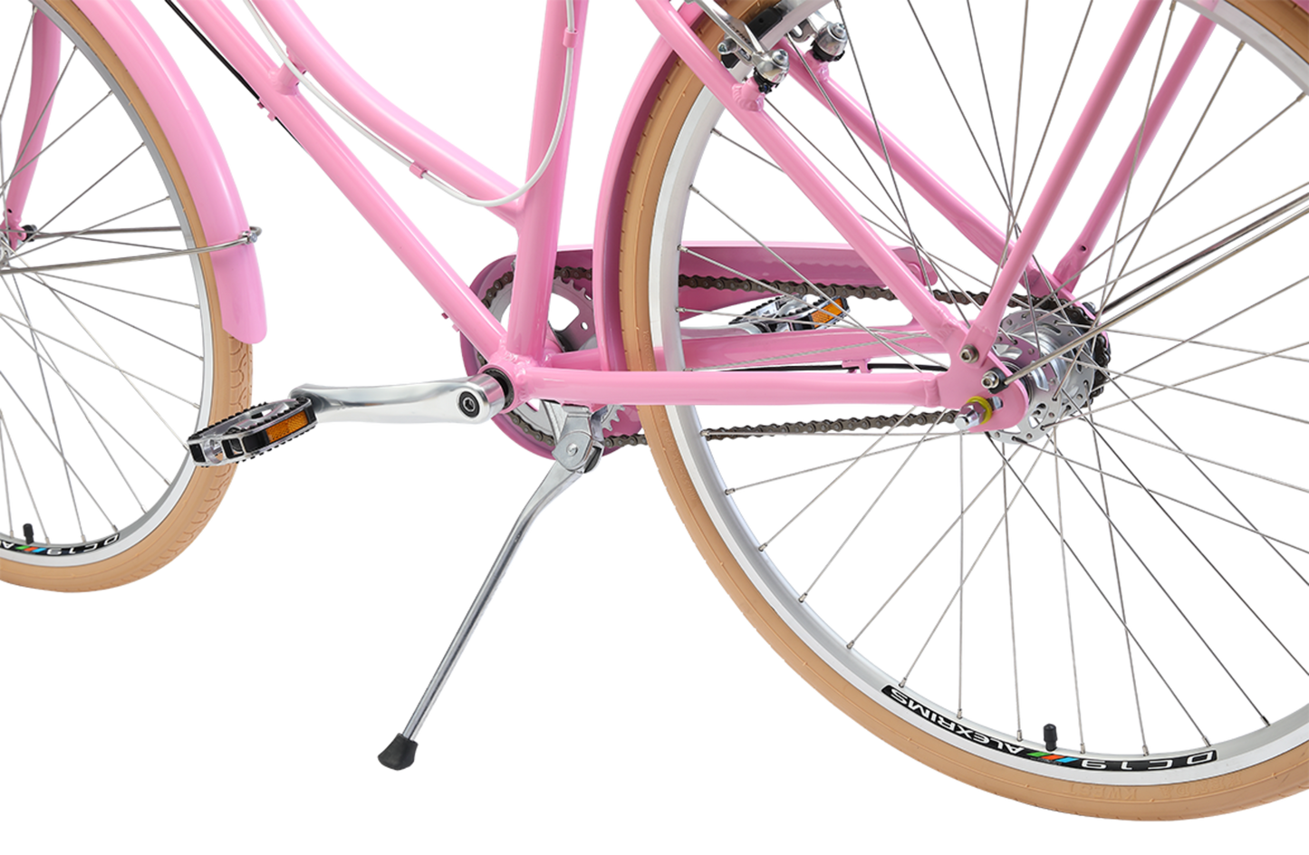 Ladies Deluxe Vintage bike in Pink showing alloy kick stand from Reid Cycles Australia