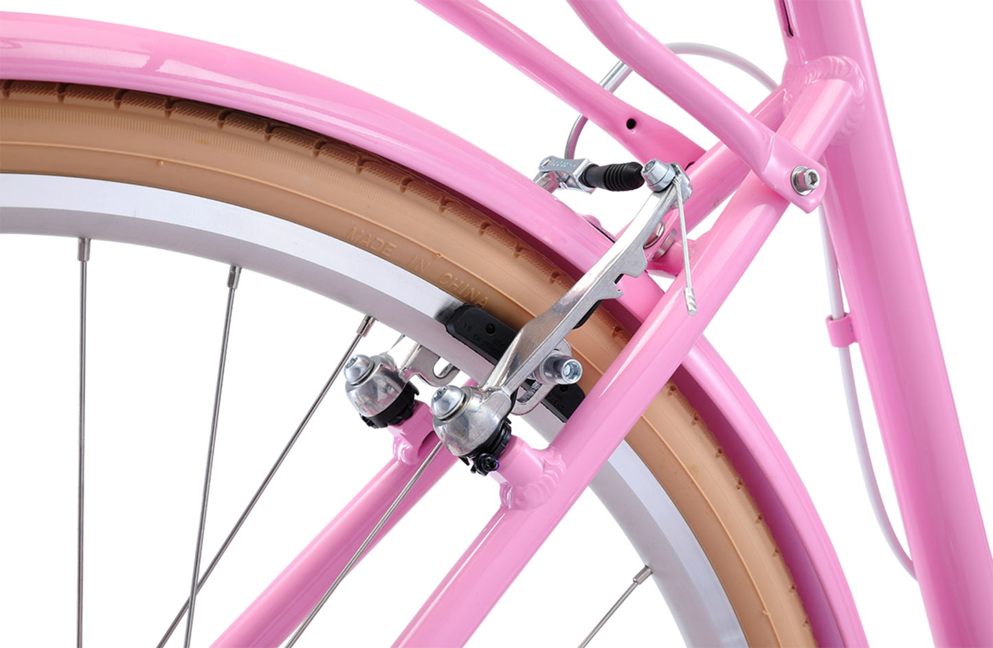 Ladies Deluxe Vintage Bike in Pink showing rear Tektro Alloy V-brakes from Reid Cycles Australia
